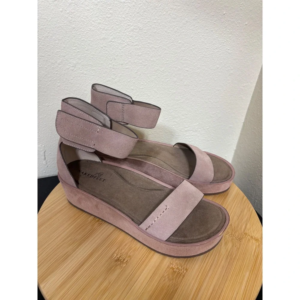 Naked Feet‎ Platform Sandals 8.5M Renzi Pecan Suede Ankle Strap 19F961 Pink